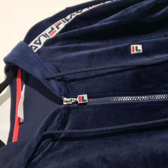 90's Style Fila Navy Blue Velour Velvet Zip-Up Hoodie Logo Down Arms Large - Picture 3 of 11